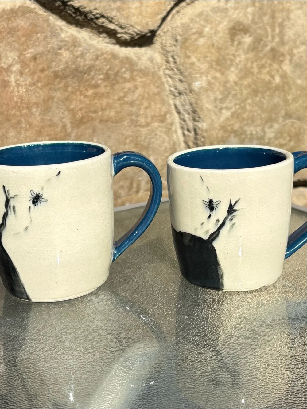 Ceramic 3D Eye Elephant Mugs Black Blue White Color Set of 2, 12 Oz 10 Oz